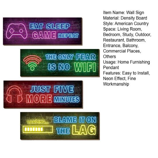 1/4Pcs Neon Light Effect Wall Decoration Wooden Game Theme Wall Art Sign Home Bedroom Gaming Room Cyberpunk Hanging Ornament