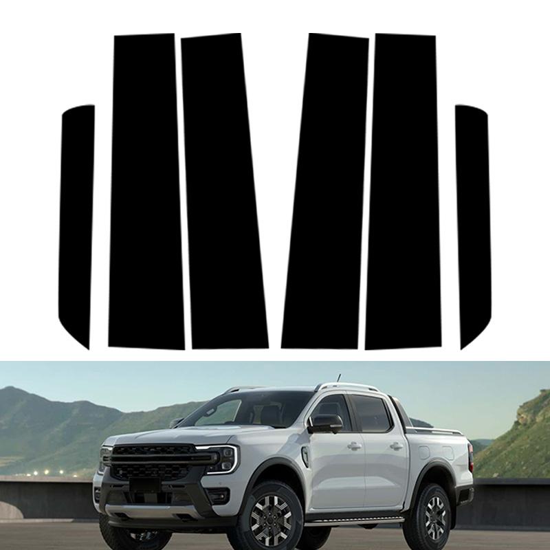 6Pcs Fit For Ford Ranger 2023-2025 Glossy Black PC Material Mirror Effect Car Door Window Center Middle BC Pillar Post Column Cover Trim