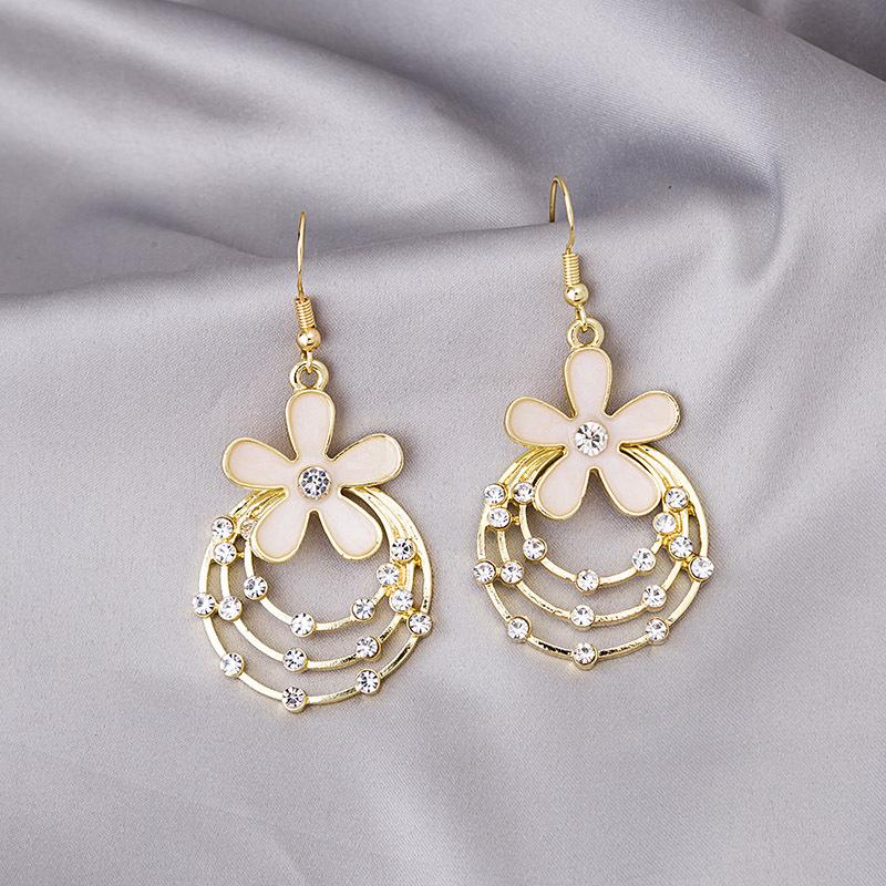 925 Multi-Layer Round Ring With Diamond Flower Earrings, Retro Temperament Lady Looking Thin Fashion Flower Earrings