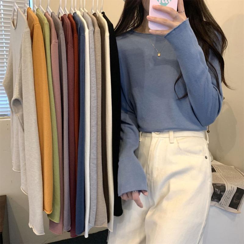 Lazy wind crimped knitted sweater women's early spring simple fashion long-sleeved inner top bottoming shirt