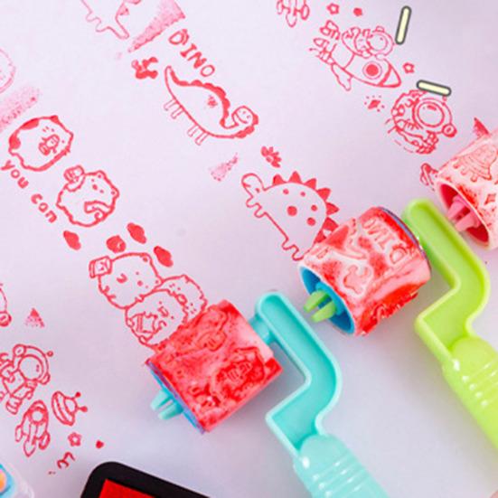 Cartoon Animal Rolling Stamp with Ink Pad Cute Self-Inking Roller for Kids Students Fun Classroom Prize Kindergarten DIY Craft Supply
