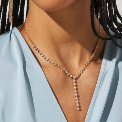 European & American Titanium Steel Zirconia Y-Shaped Pendant Necklace with Color-Retaining Artificial Crystal