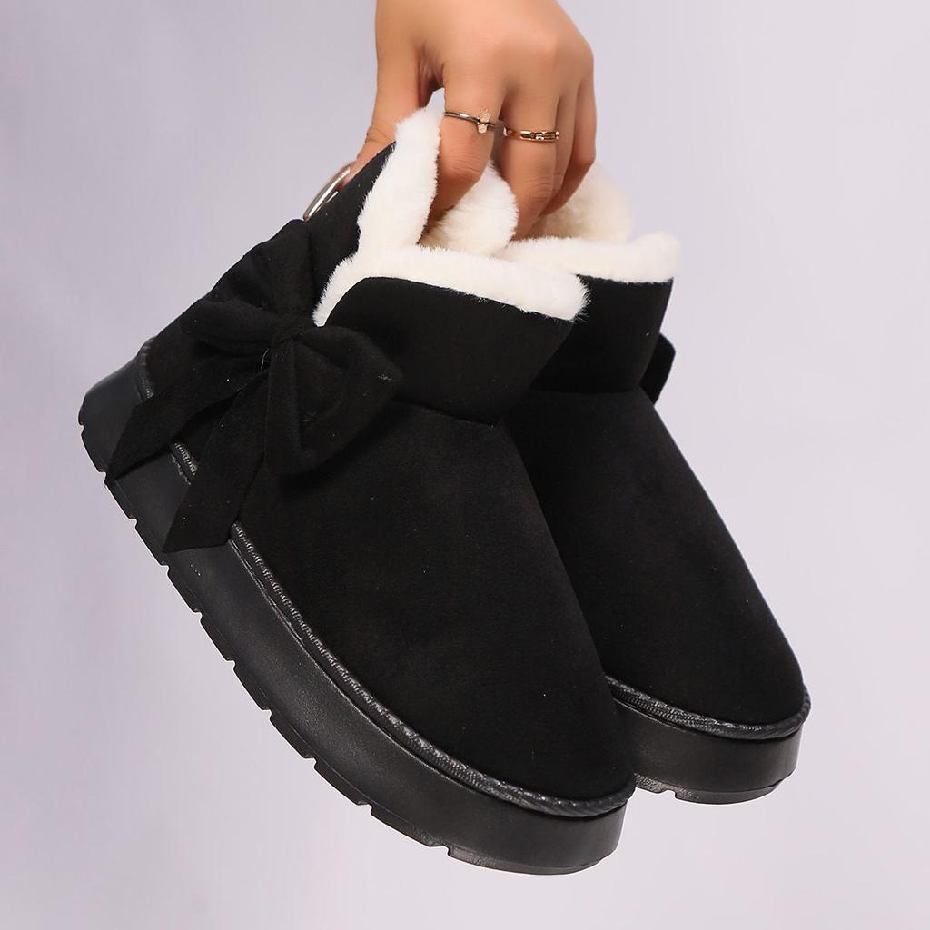Cozy Plush-Lined Winter Snow Boots for Men and Women - Elegant Bow Detail, Soft Sole, Indoor/Outdoor Fashion Slippers