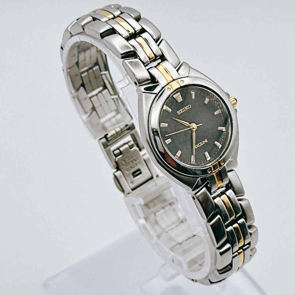 Used Vintage SEIKO Exceline Bangle Watch, Combi, Black Dial, Working, Battery Replaced