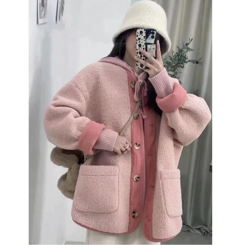 Winter Thick Contrasting Retro Loose Women's Clothing Round Neck Mid Length Cardigan Trend All-match Chic Coats