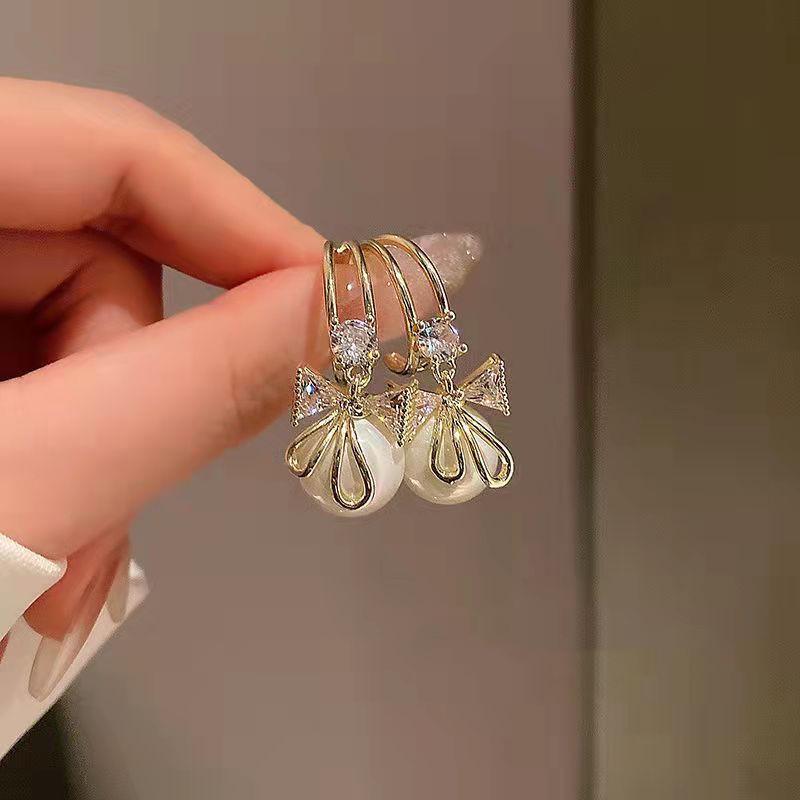 S925 Sterling Silver Bow Stud Earrings with Sparkling Diamonds and Pearls for Women, 2022 Trend