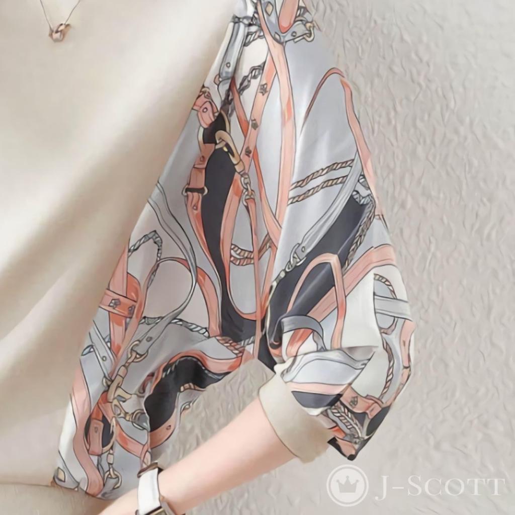 Pullover Blouse with Scarf Pattern Mixed Round Dolman Loose Long Soft To the Everyday Korean Perfect [J-Scott] Women's Sleeves, Material, Neck,