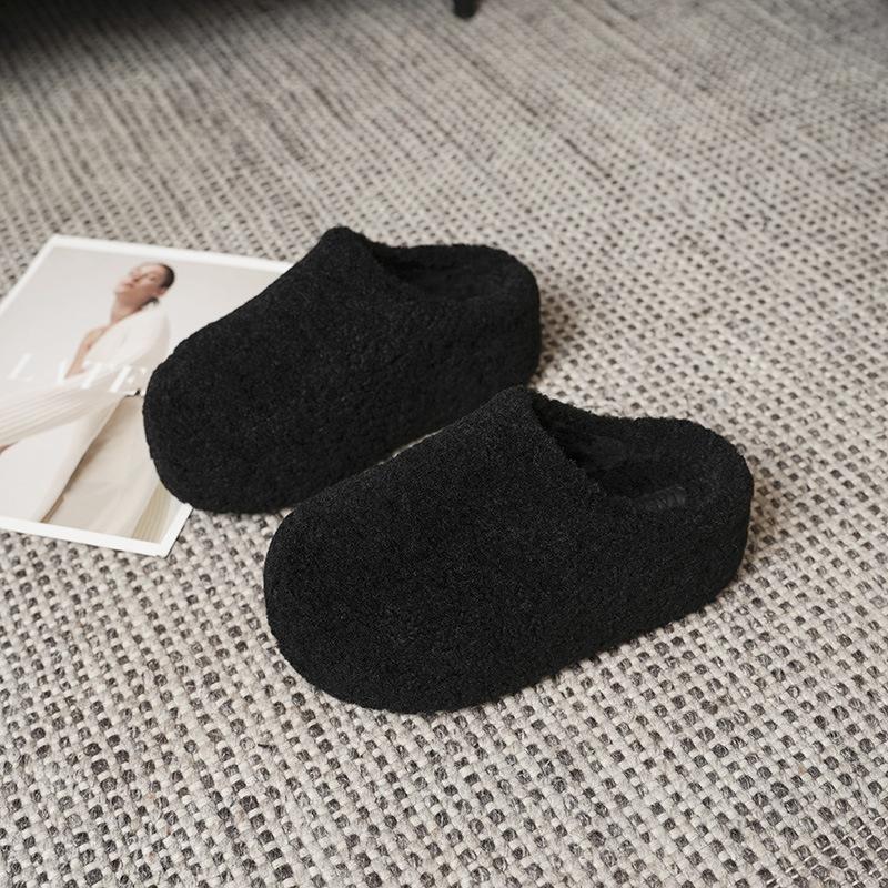 Women's retro lightweight comfortable non-slip heightening winter warm plush lining non-slip durable casual cotton one-step slippers