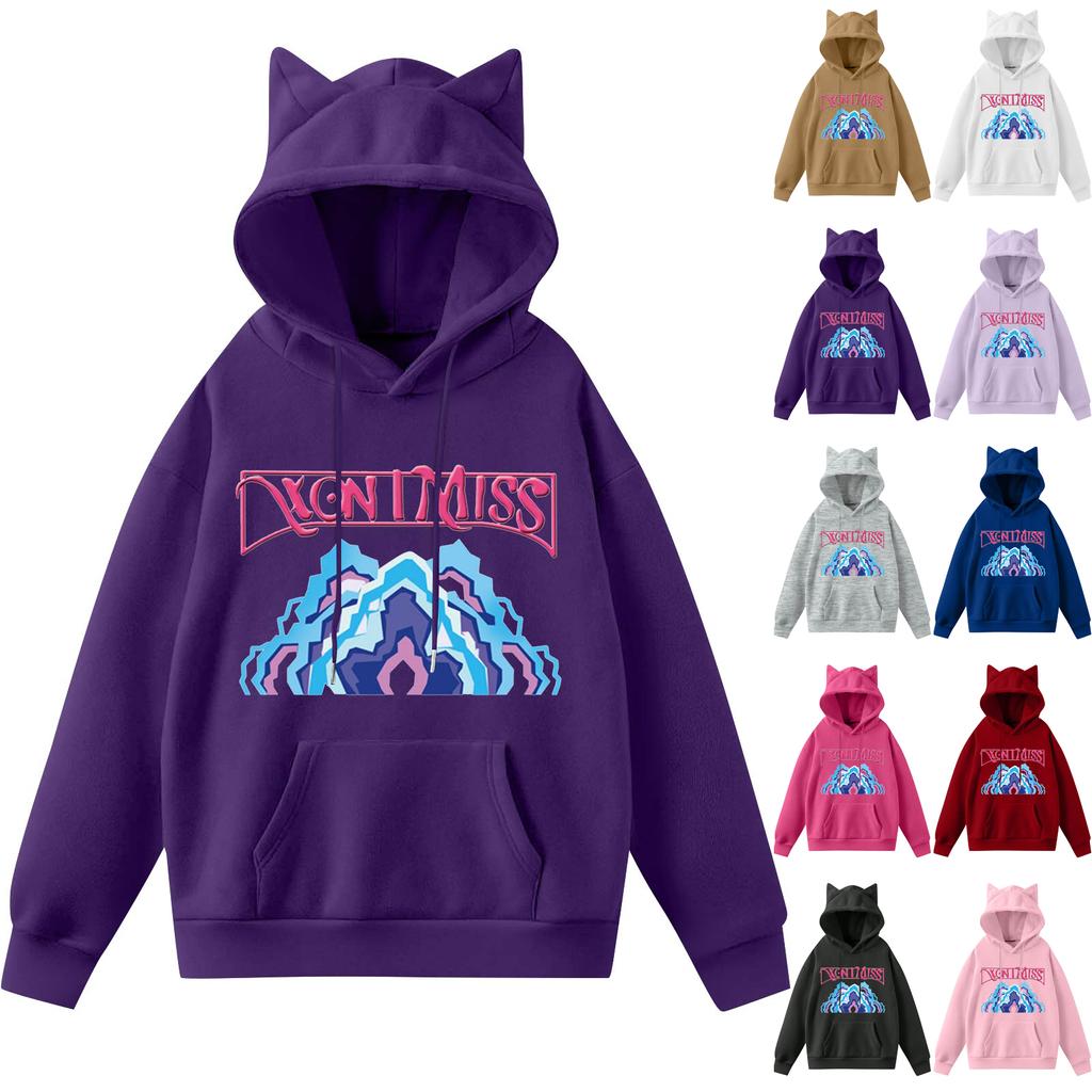 Ladies Fashion Casual Long Sleeve Printed Round Neck Hoodie Pullover Top With  Pockets