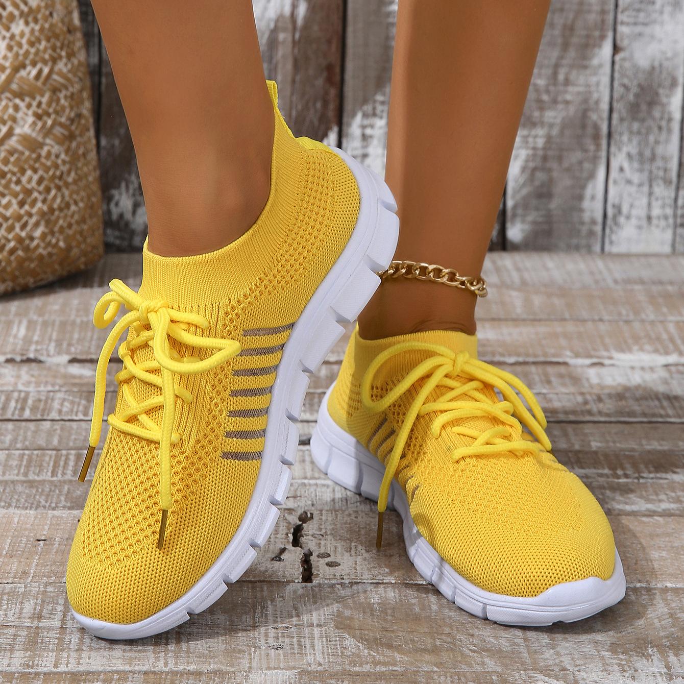 

Женские сетчатые кроссовки, легкие модные кроссовки на мягкой подошве со шнуровкой для бега, летающая тканая уличная спортивная обувь 42 жёлтый