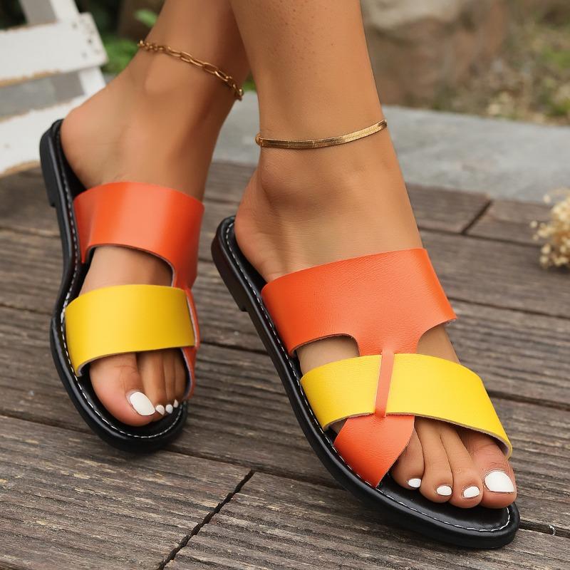 Fashion Women's Flat Non-Slip PU Waterproof Shoes 2024 Summer New Outdoor Casual Color Block Open Toe Beach Skirt Women's Slippers