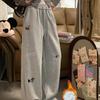 Women's Gray Fleece-Lined Dachshund Sweatpants - Petite Straight Leg, Wide Leg, Casual Sport Pants for Autumn/Winter.