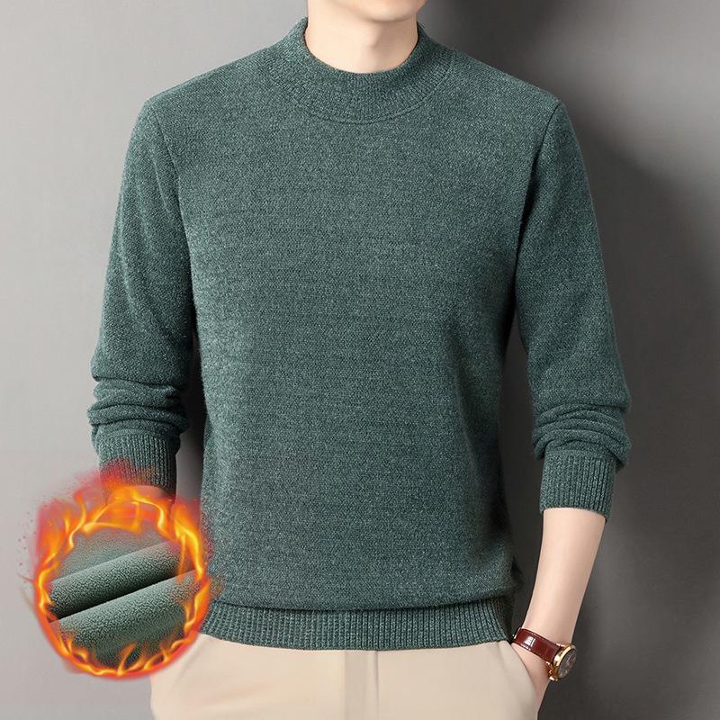 Men's Thick Plush High Neck Sweater - Pure Color Knit for Winter Warmth