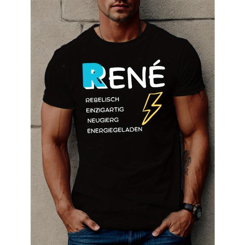 European sizes Fun German RENE Men s Graphic Short Sleeve T-Shirt - Bold RENE & Lightning Bolt Design, Geometric Pattern S