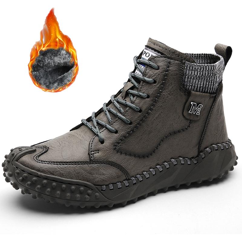 Classic Winter Men's Boots Real Leather Plush Warm Men's Snow Boots Waterproof Outdoor Roman Men Work Boots Men Motorcycle Boots