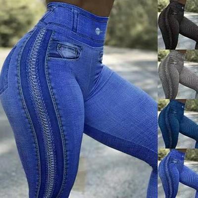 Ozdobne kieszenie Obcisłe imitacje dżinsów Legginsy Hip Lifting Zipper Print Wysoka talia Elastyczne spodnie sportowe
