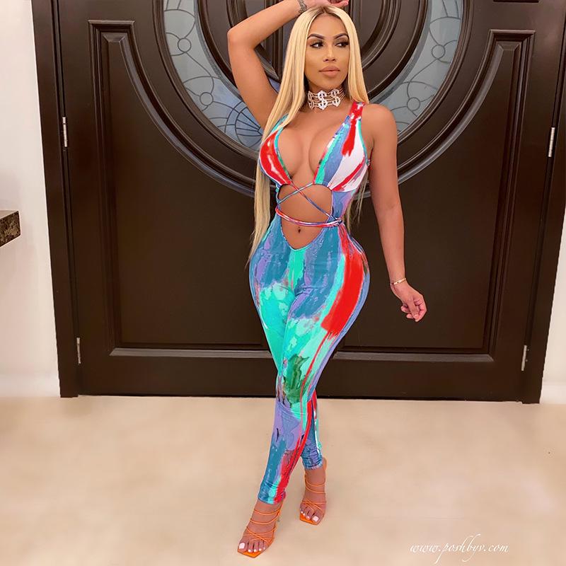 

Women s V-Neck Cross-Tie Jumpsuit | Colorful Print | High-Waist Slim Fit L червоний