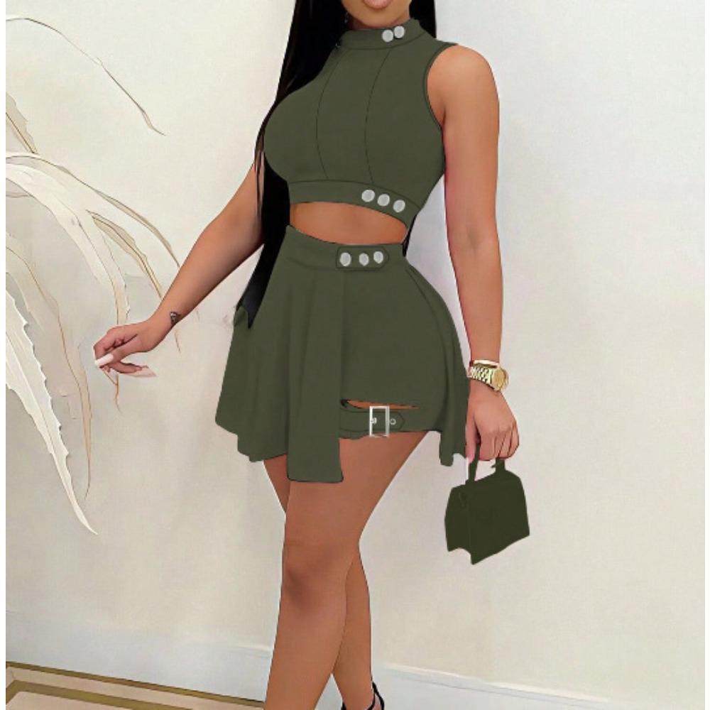 Women's Slim Fit Skirt Set Sleeveless High Neck Crop Top High Waist Button Mini Skort Two Piece Summer Matching Outfit