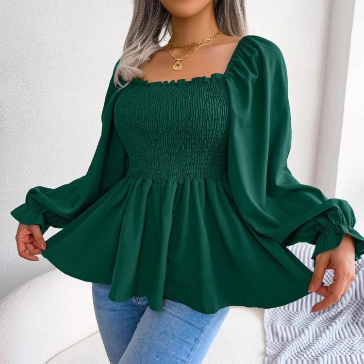 Summer Women Chiffon Shirt Long Sleeve Square Neck Solid Color Tops with Wooden Ears