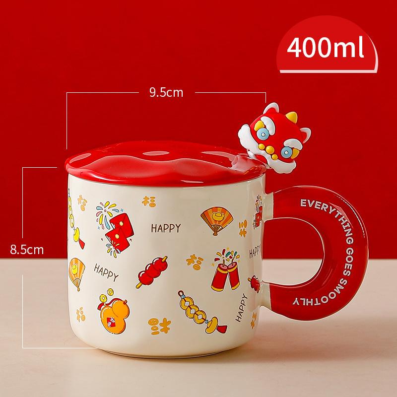 Spring Festival Gift Mug with Lid Spoon Cute Ceramic Water Cup Girl High Looking Cartoon Office Couple Cup