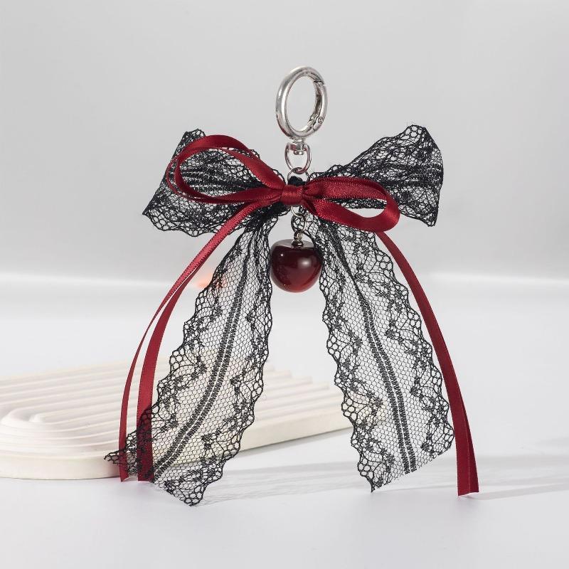 Keychain Hollow Red Ribbon Cherry Pendant Women Handbag and Backpack Key Chain Exquisite Ornament Holiday Gift Decor