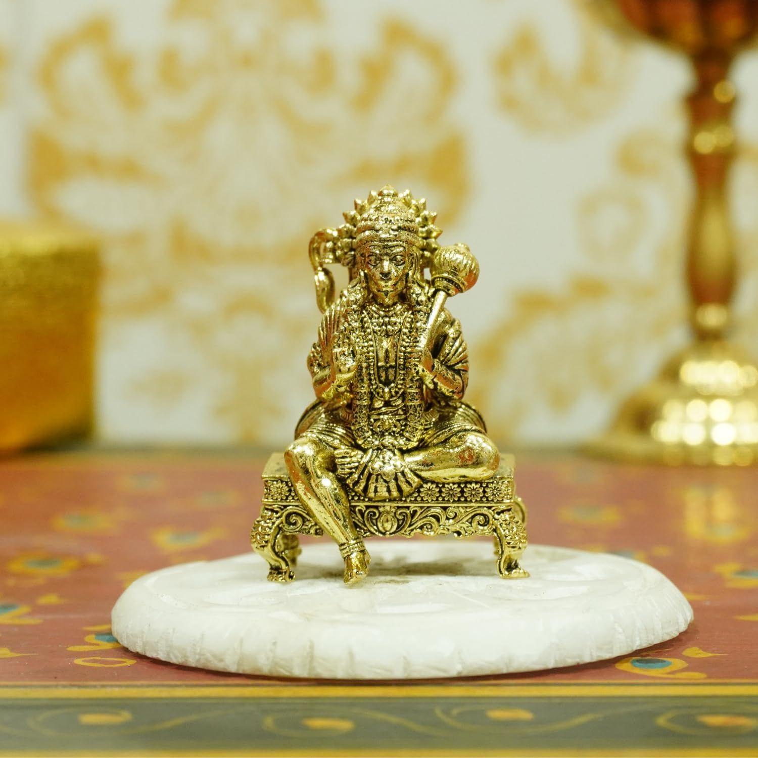 Brass Lord Hanuman Idol 5 cm | Mini Bajrangbali Statue Sitting with Gada on Decorative Chowki