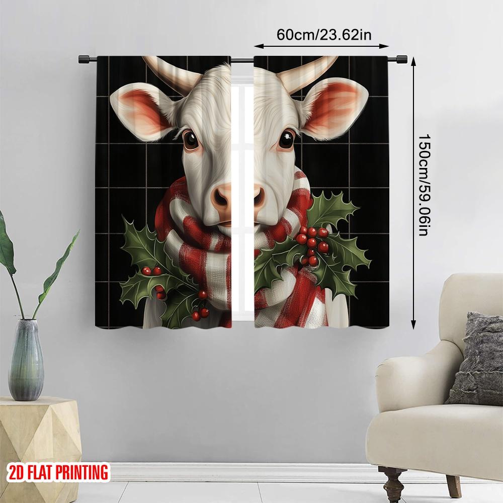 2pcs,2D plane printing Popular Curtains Christmas Cow Holly Scarf (2) Versatile Fabric (without rod) Decorations Outdoor Ldeal