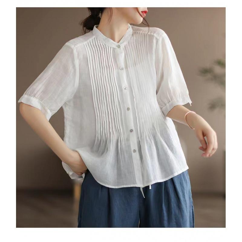 Summer Art Retro Fine Linen Top Women's Thin Cotton Linen Short Sleeved Shirt Blouses & Shirts