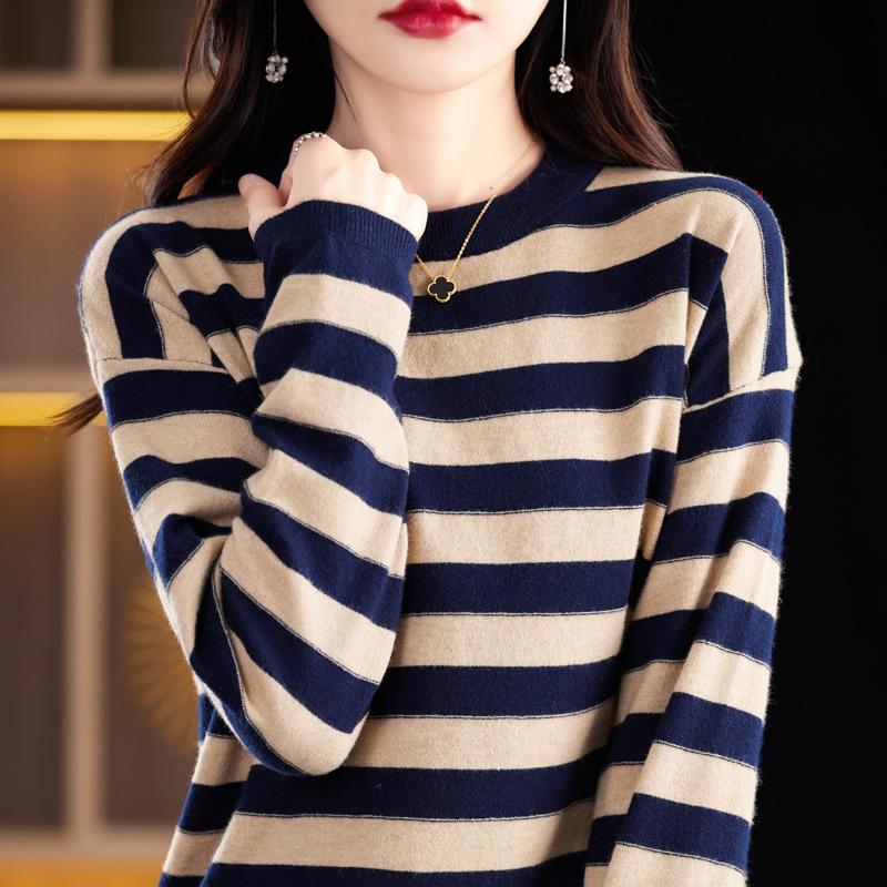 Women's Fashion Casual Stripe Print Autumn Winter Long Sleeve O-Neck Pullovers Sweaters
