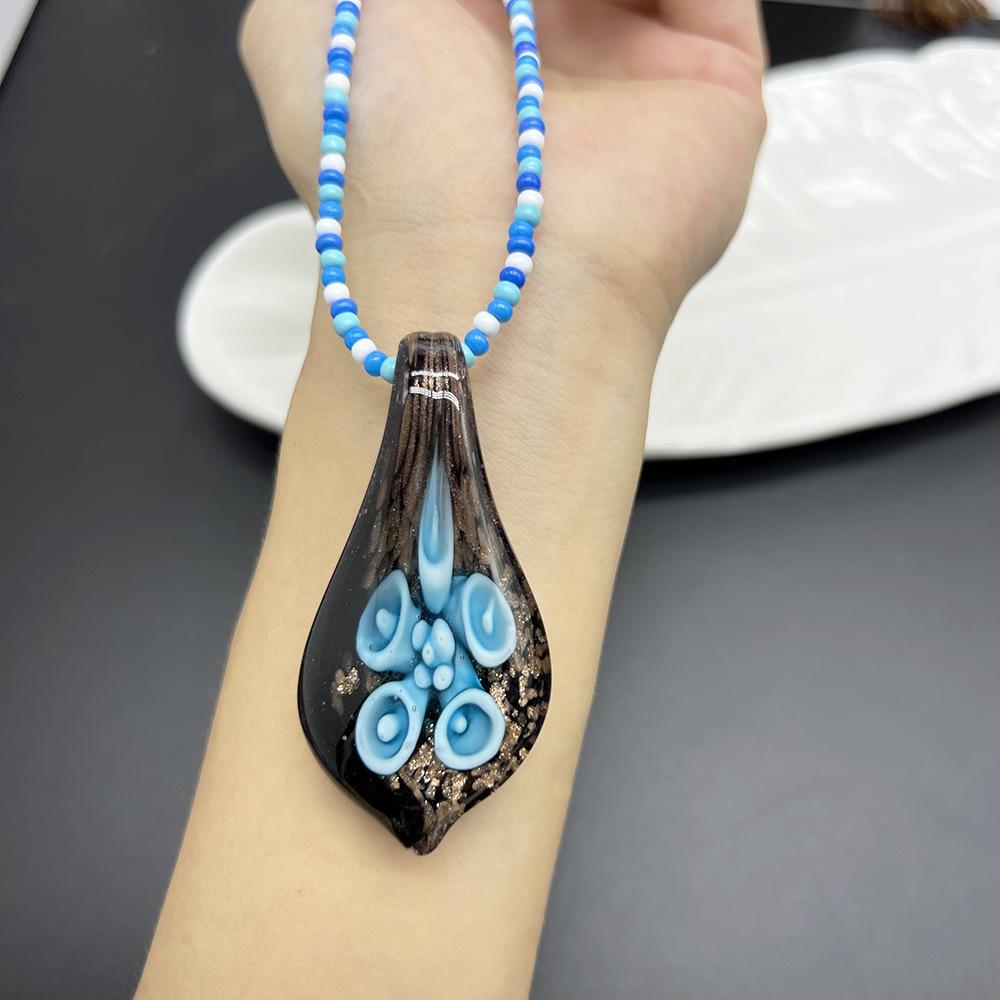 Blue Series Glass Rice Bead Necklace with Flower, Heart, and Starfish Pendants