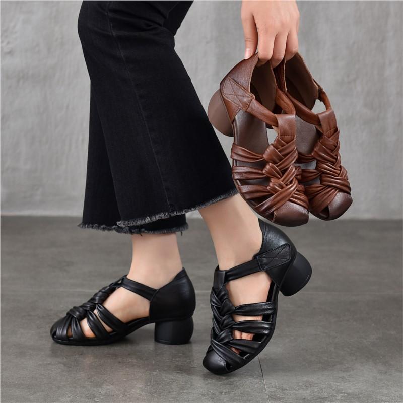 Johnature Genuine Leather Hand Woven Hollow-out Coarse Heel Sandals Retro Versatile High Heel Women's Shoes