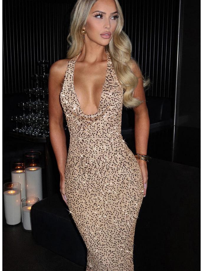 2024 Winter Women's Fashion Sequin Halter Deep V Bodycon Dress - Sexy Slimming Micro Backless Long Dress