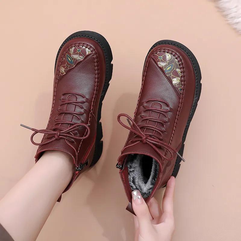 Fashion Winter Women Leather Ankle Boots Female Non-slip Warm Snow Boots Mother Waterproof Flat Heels Booties Free Shipping