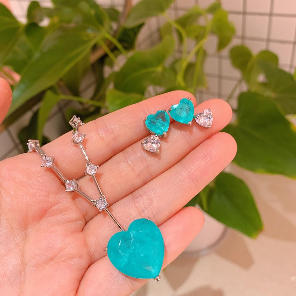 Jewelry Wind Simulation Paraiba, Heart-Shaped Set Stud Earrings 10 * 10 Pendant 20 * 20