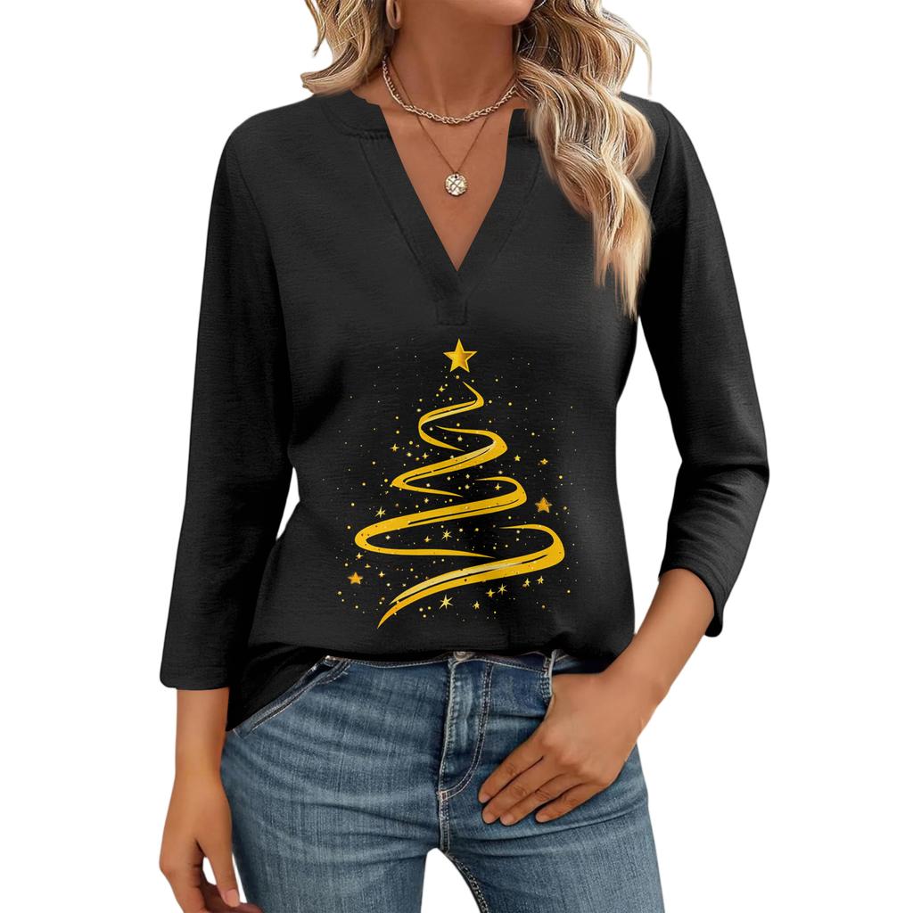 Women's Casual Fashionable Sexy Comfortable V-Neck Christmas Three-Quarter Sleeve Top