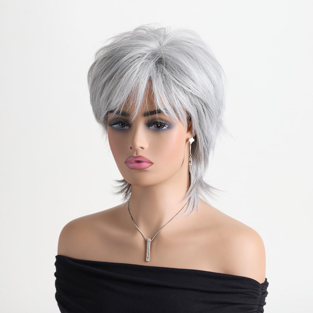Women Stylish Short Layered Brown Hair Synthetic Silver Gray Wigs with Bangs for Daily Cosplay Lolita Heat Resistant Fibre
