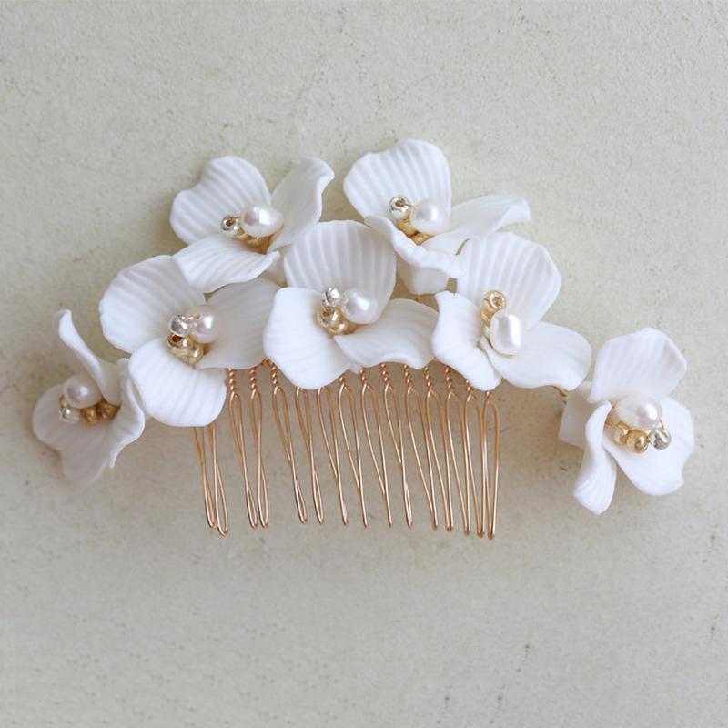 Diadema da Sposa Fiore in Argilla Ceramica Cristallo Perla Pettine per Capelli Spille Accessori Copricapo da Donna per Matrimonio Festa Idee Acconciature