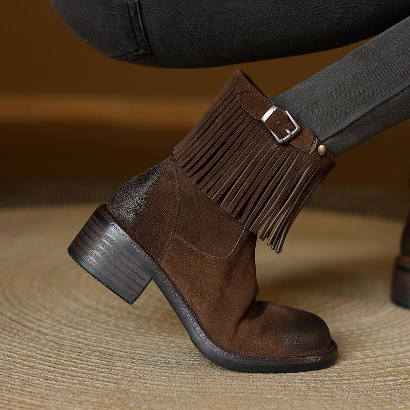 Fashion 2025 New Autumn Women Boots Round Toe Med Heel Cow Suede Leather Women Shoes Zipper Tassels mid-calf Boots Modern Boots
