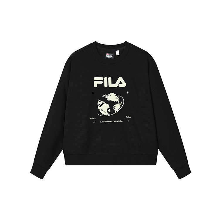 FILA Loose Fit Letter Logo Earth Print Crew Neck Casual Knit Pullover Sweatshirt Women sweatshirt Black F11W239203F-BK