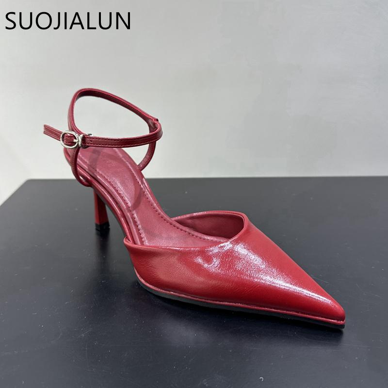 Fashion SUOJIALUN 2025 Spring New Brand Women Sandal Fashion Red Pointed Toe Ladies Elegnat Slingback Shoes Thin High Heel Dress Pumps