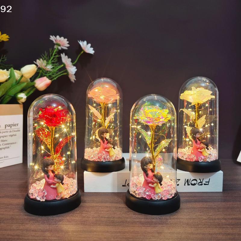 1Pcs LED Light Foil Flower In Acrylic Cover Rose Artificial Flower Acrylic Cover Decor Wedding Valentine's Day Mother's Gift