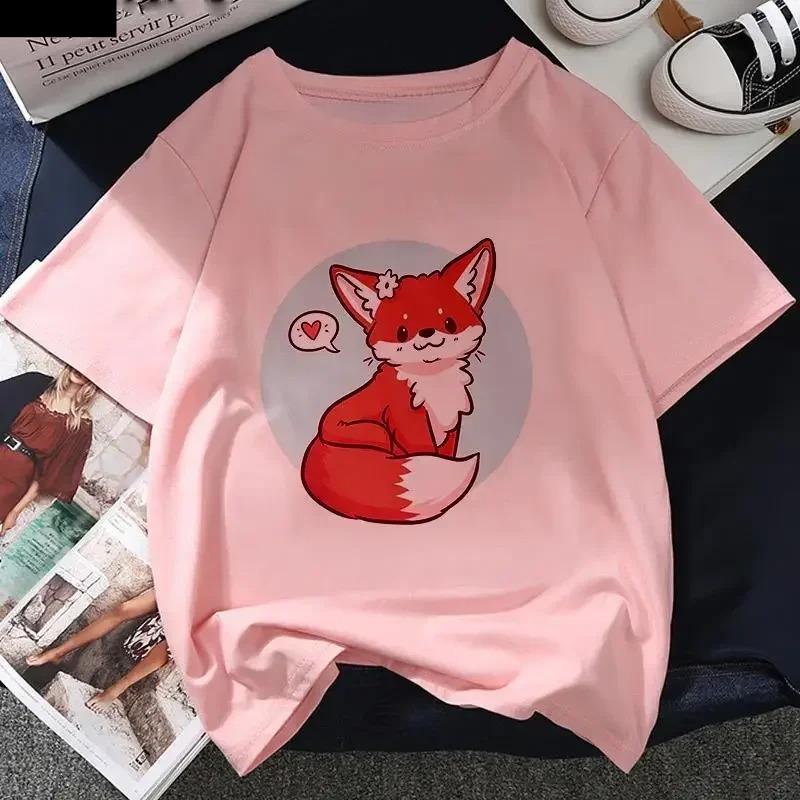 Kawaii Fox Print Ladies Tshirt Ladies Casual Basis Ocollar White T Shirt Short Sleeve Ladies Tshirt Cute Animal Graphics Tops