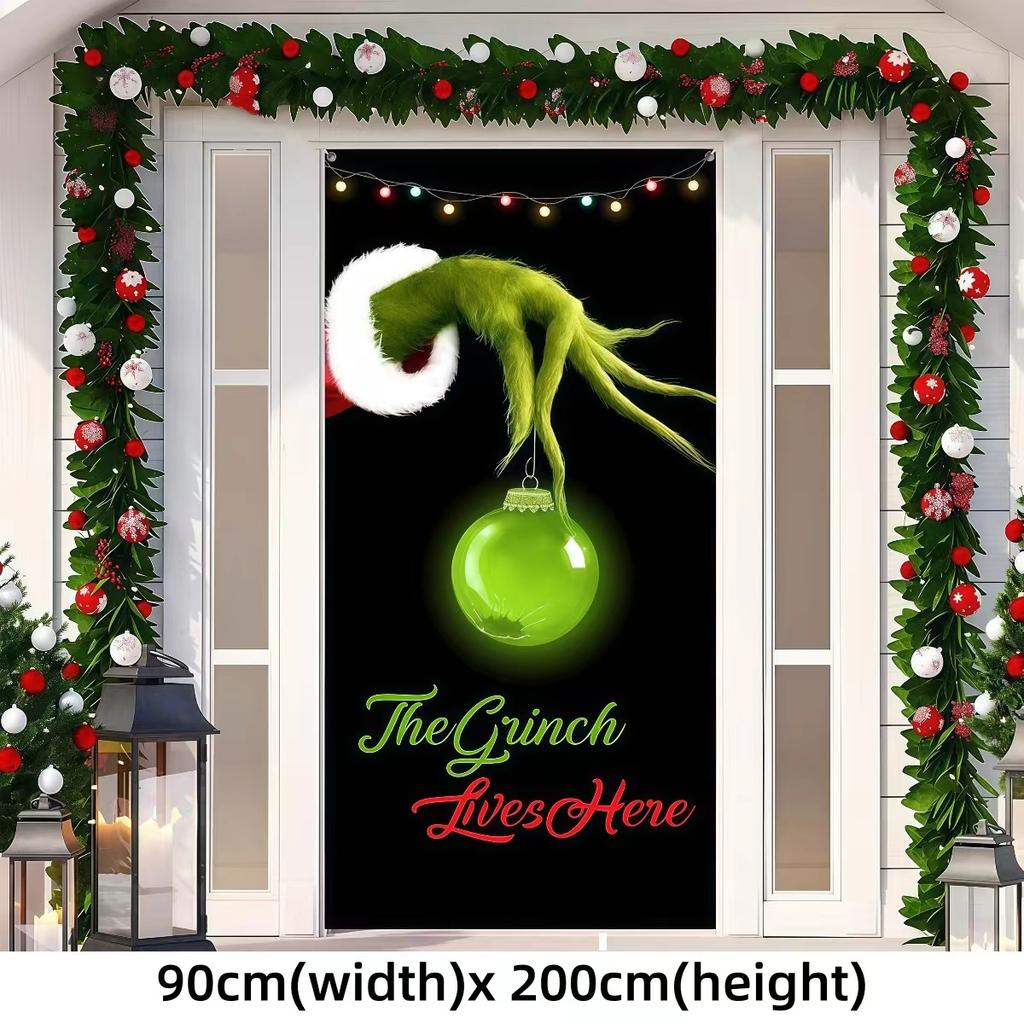 Grinched 90X200Cm Christmas Door Decoration Green Monster Merry Xmas Backdrop Christmas Door Cover New Year Party Supplies
