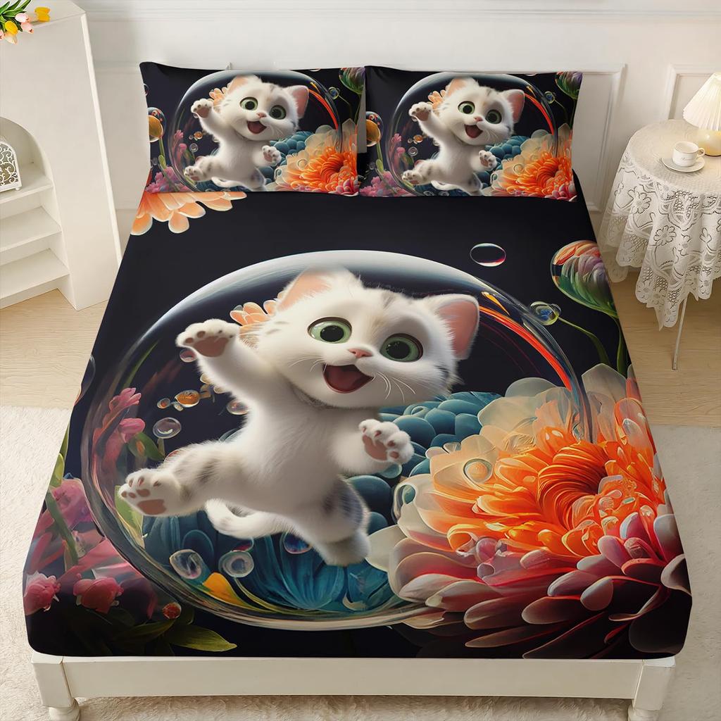 Cartoon Cat Pattern Bed Hat Three-Piece Digital Printing Bedding Bed Hat Three-Piece Set Children And Adults