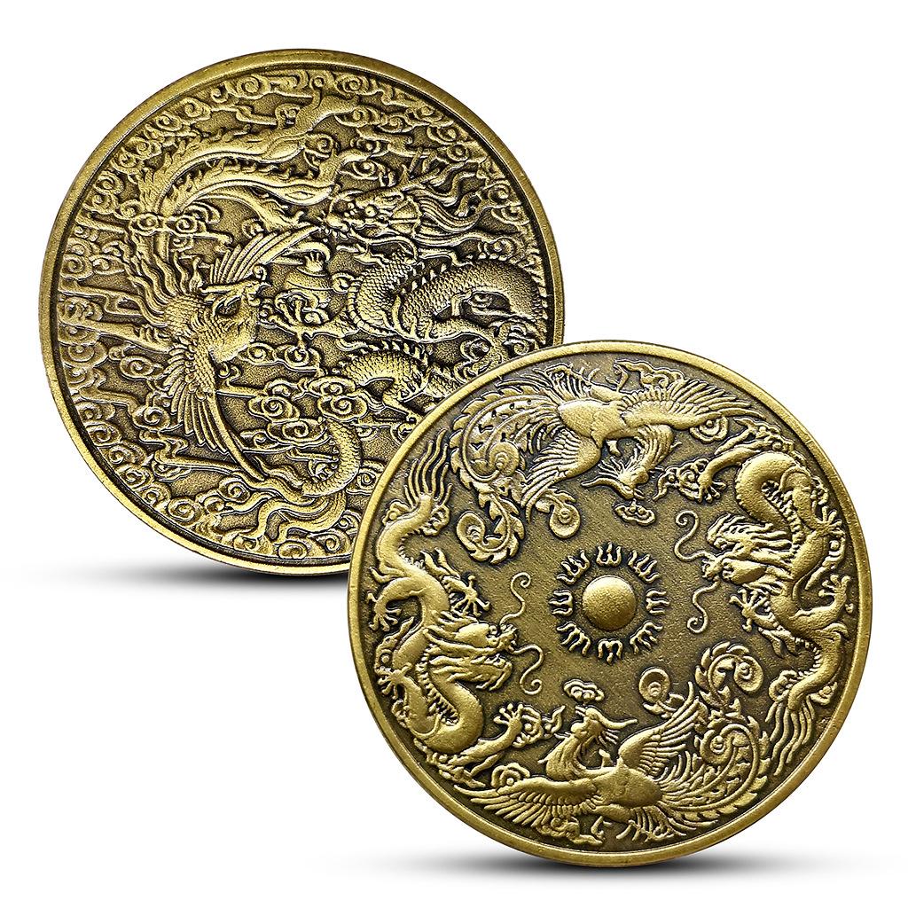 [El dragón y el fénix traen auspiciosidad] Moneda de regalo de boda china Medalla conmemorativa de regalo creativo, monedas de oro y plata del dragón del zodíaco y el fénix