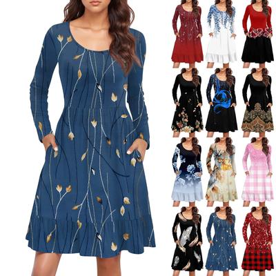 Women's Fashionable  Round Neck Long Sleeved Dress Printing Loose Waist Pleated Casual Dress