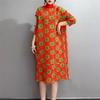 Frauen Kleid Retro Floral Plissee Kleid Im Herbst Lose Langarm Kleid O-ansatz Casual Medium Und Lange Basis Rock