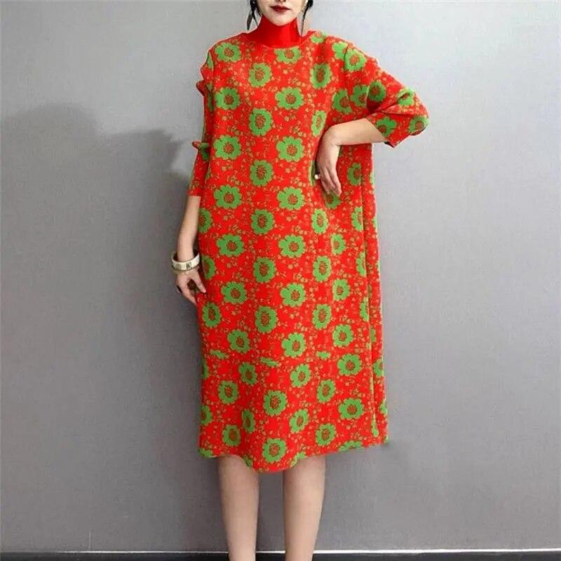 Frauen Kleid Retro Floral Plissee Kleid Im Herbst Lose Langarm Kleid O-ansatz Casual Medium Und Lange Basis Rock