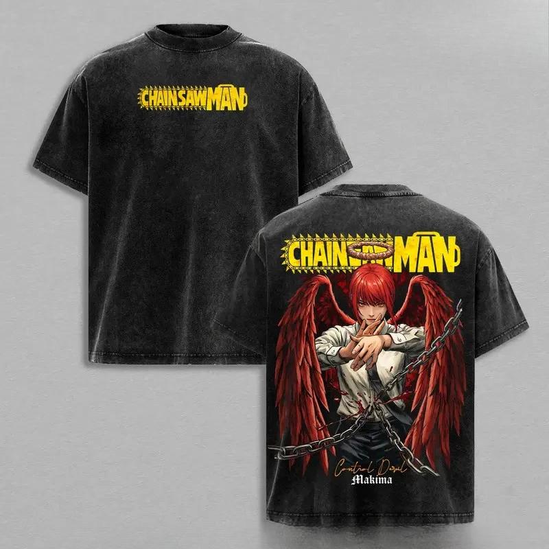 

Makima Chainsaw Man Clothing Men Women Short Sleeve Manga T-shirts Retro Washed T Shirt Casual Cotton Tee Harajuku Male Tshirt XXL чорний