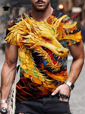 Summer Round Neck 3D Print Top Fashionable Casual Short Sleeved Dragon Pattern Men's T-shirts